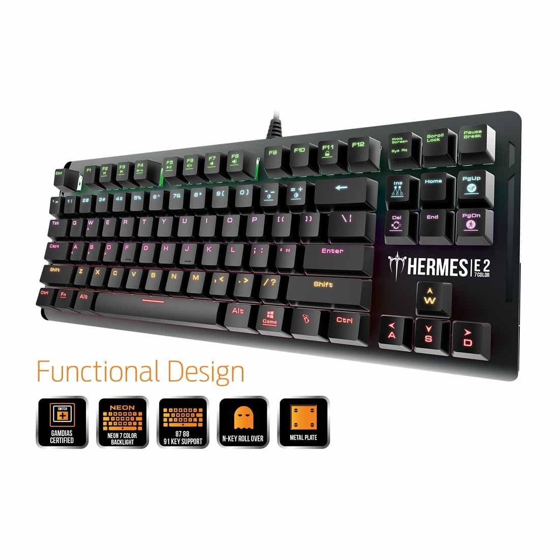 Gamdias HERMES E2 Mechanical Gaming Keyboard - 7 Color Neon Illumination with Onboard Memory