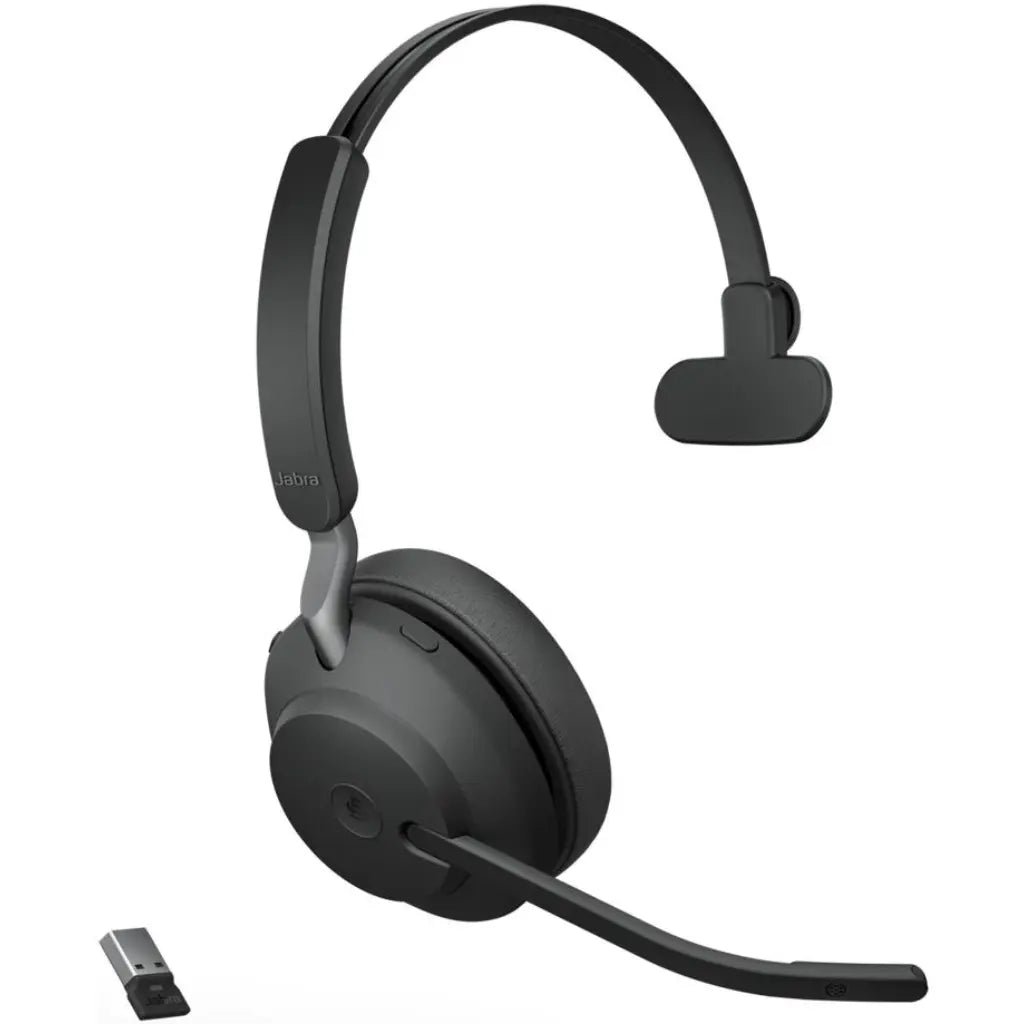 Jabra Evolve2 65 MS Mono Wireless Bluetooth Headset with USB-A Link380a Adapter and Charging Stand