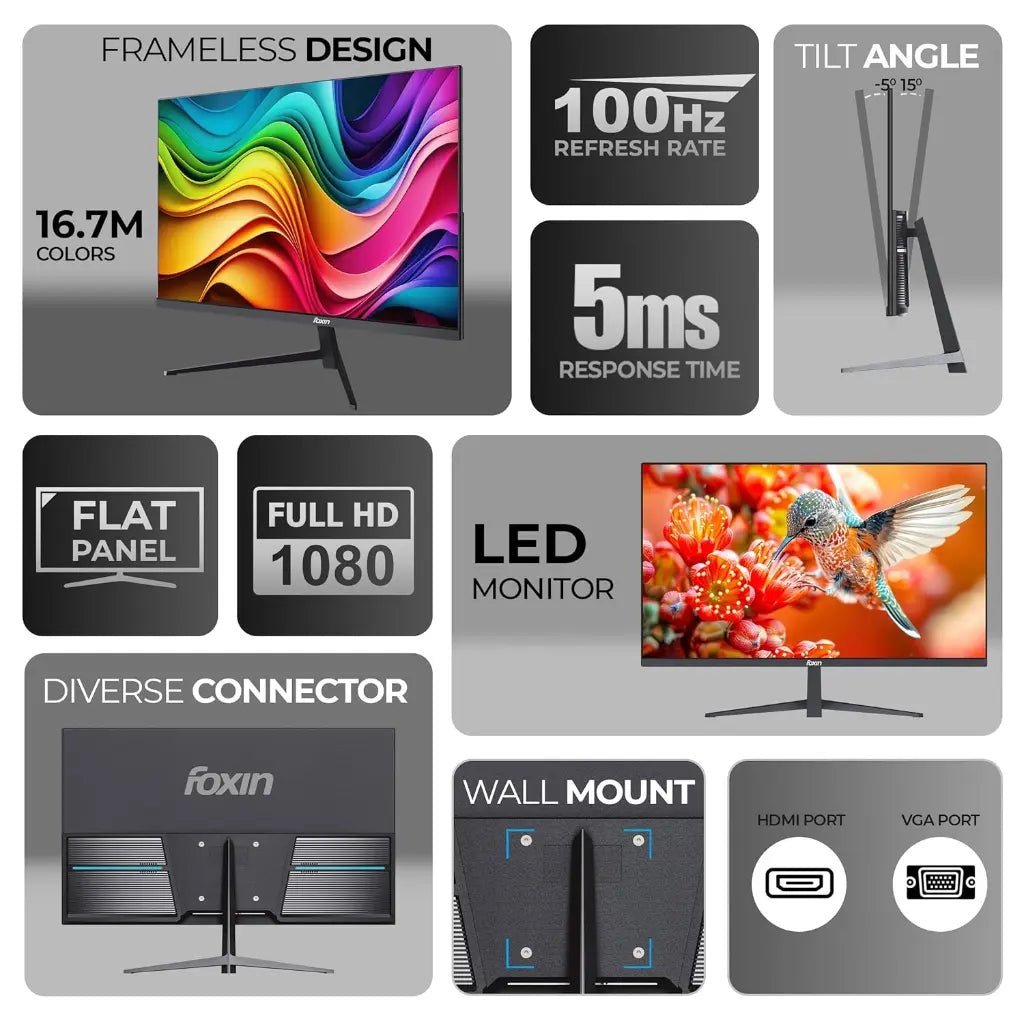 Foxin Elite Series 24-Inch Full HD 1080p 100Hz Frameless Flat LED Monitor