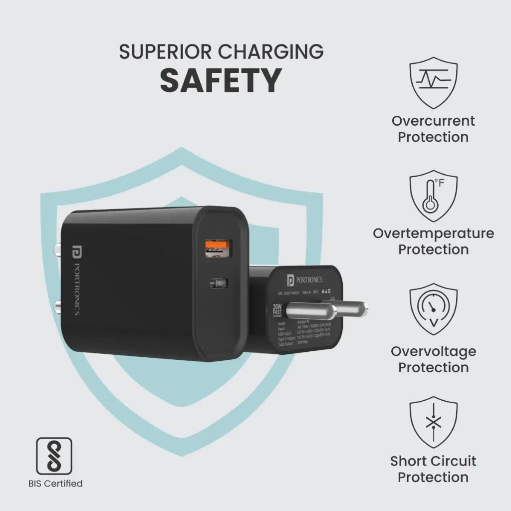 Portronics Adapto 45 (POR 1445) 20W Dual Port Fast Charger with USB-C and USB-A Output