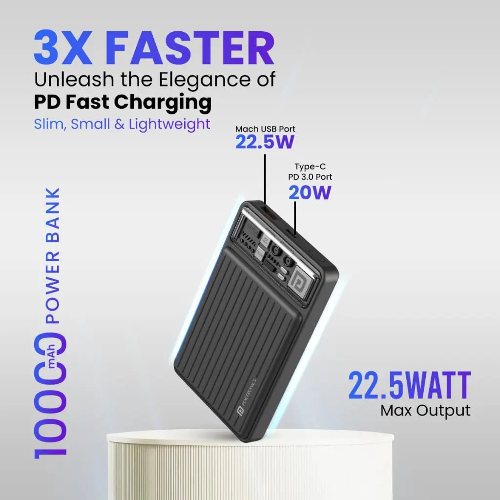 Portronics Luxcell Mini 10K 10000mAh Portable Power Bank with 22.5W Fast Charging Capability - Black