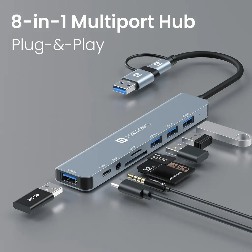 Portronics Mport 8 Plus (POR 3044) 8-in-1 Dual USB Hub with USB 3.0 Connectivity