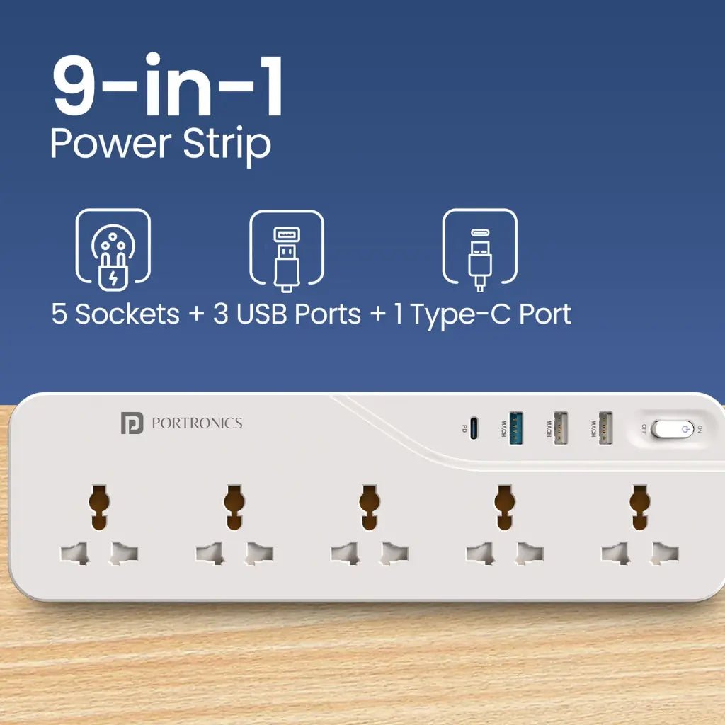 Portronics Power Plate 22 Extension Board with 20W Type-C PD Fast Charging and Multiple Sockets