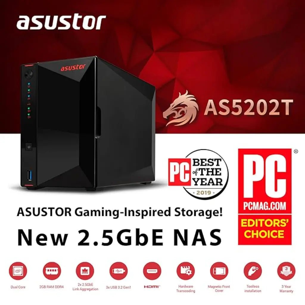 ASUSTOR AS5202T 2-Bay Network Attached Storage (NAS) with 2.5GbE Port and 4K HDMI Output (Diskless)