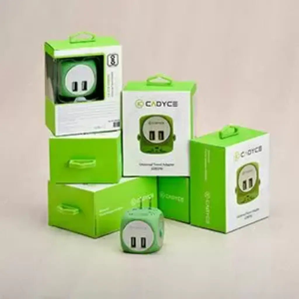 Cadyce CA-UTA Universal Travel Adapter with Dual USB Ports and 6A Fuse Protection - Green