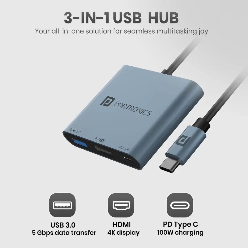 Portronics C Konnect Plus POR 2187 3-in-1 USB-C Hub with 4K HDMI and USB 3.0 Port
