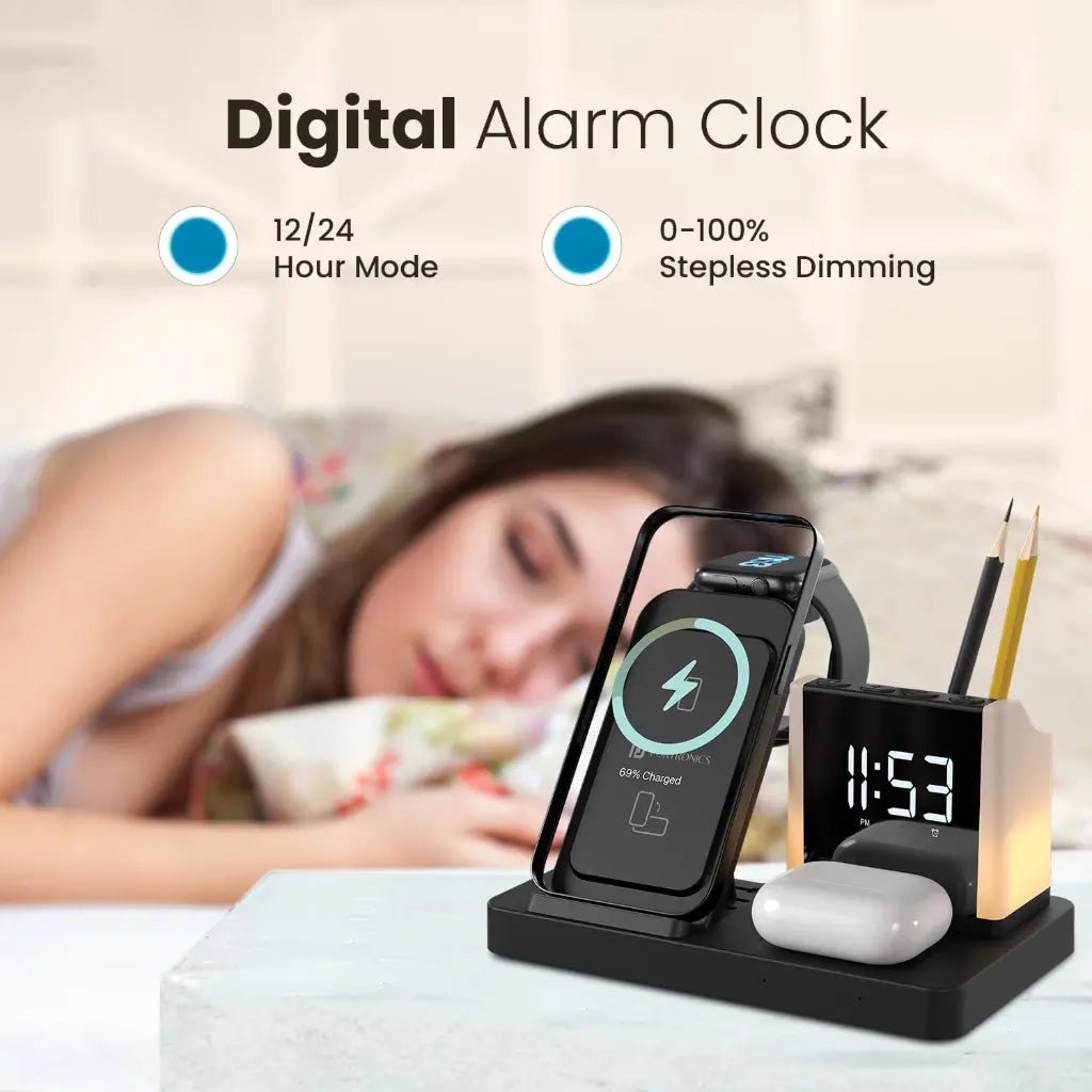 Portronics Hexacharge POR 2128 6-in-1 15W Fast Wireless Charging Station with Digital Alarm Clock and LED Display