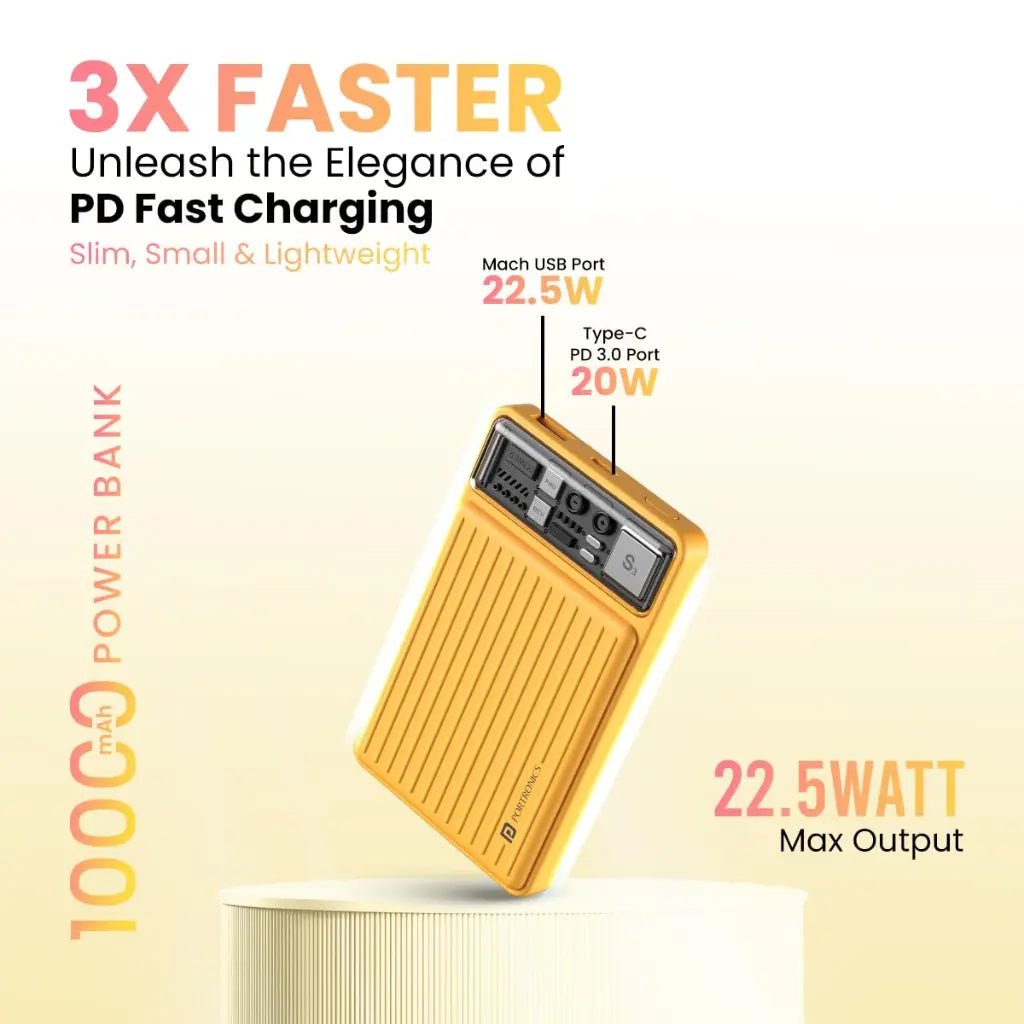 Portronics Luxcell Mini 10K 10000mAh Portable Power Bank with 22.5W Fast Charging - Yellow