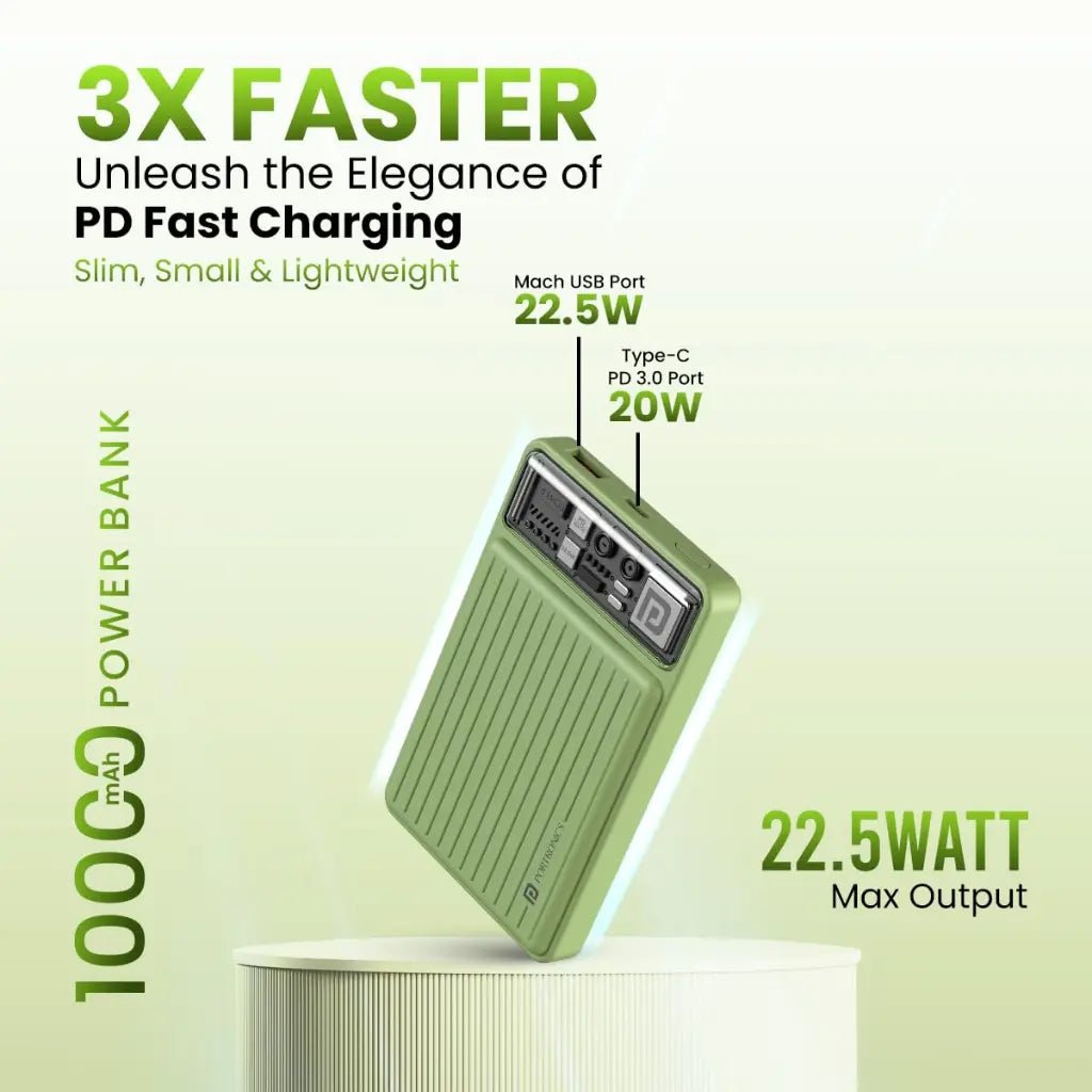 Portronics Luxcell Mini 10K 10000mAh Portable Power Bank with 22.5W Fast Charging Capability - Green