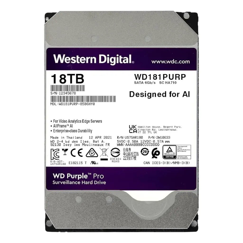 Western Digital Purple Pro 18TB 3.5-inch SATA 7200RPM Surveillance Hard Drive for Professional Security Systems