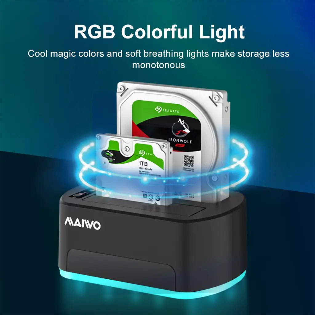 MAIWO K3062B Dual Bay USB 3.0 to SATA Hard Drive Docking Station with RGB Lighting and 32TB Capacity Support