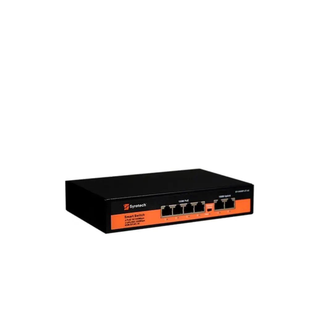 Syrotech 4-Port 10/100Mbps PoE Switch (SY-0400P-2T-AI) with 2 Uplink Ports and 65W Power Budget