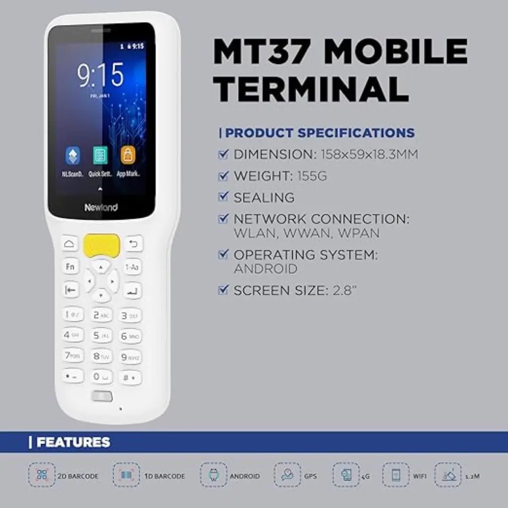 Newland NLS-MT37-7K Android 8.1 Rugged Portable Data Terminal with 2.8-Inch Touchscreen and Integrated 2D Barcode Scanner