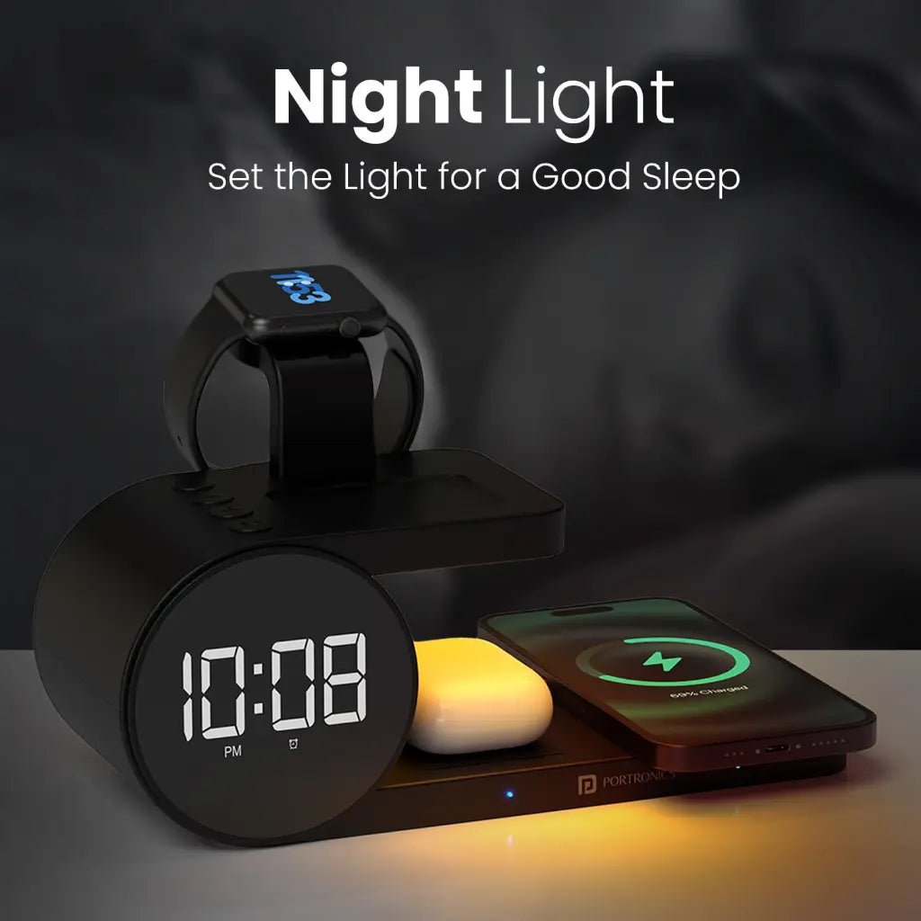 Portronics Freedom 6 POR 2130 15W 5-in-1 Fast Wireless Charging Station with Digital Alarm Clock