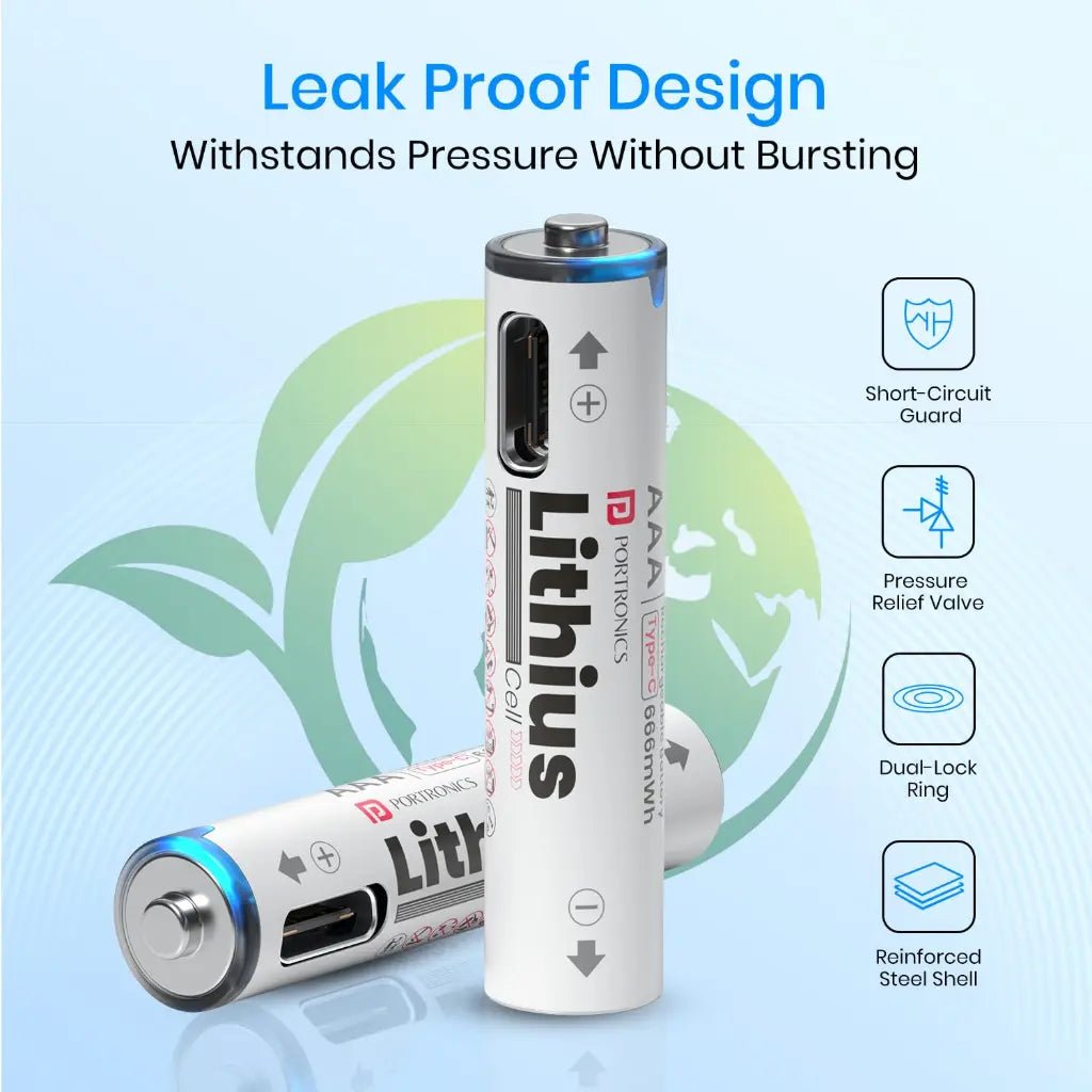 Portronics Lithius AAA USB-C Rechargeable Lithium-Ion Battery (440mAh) with LED Charging Indicator