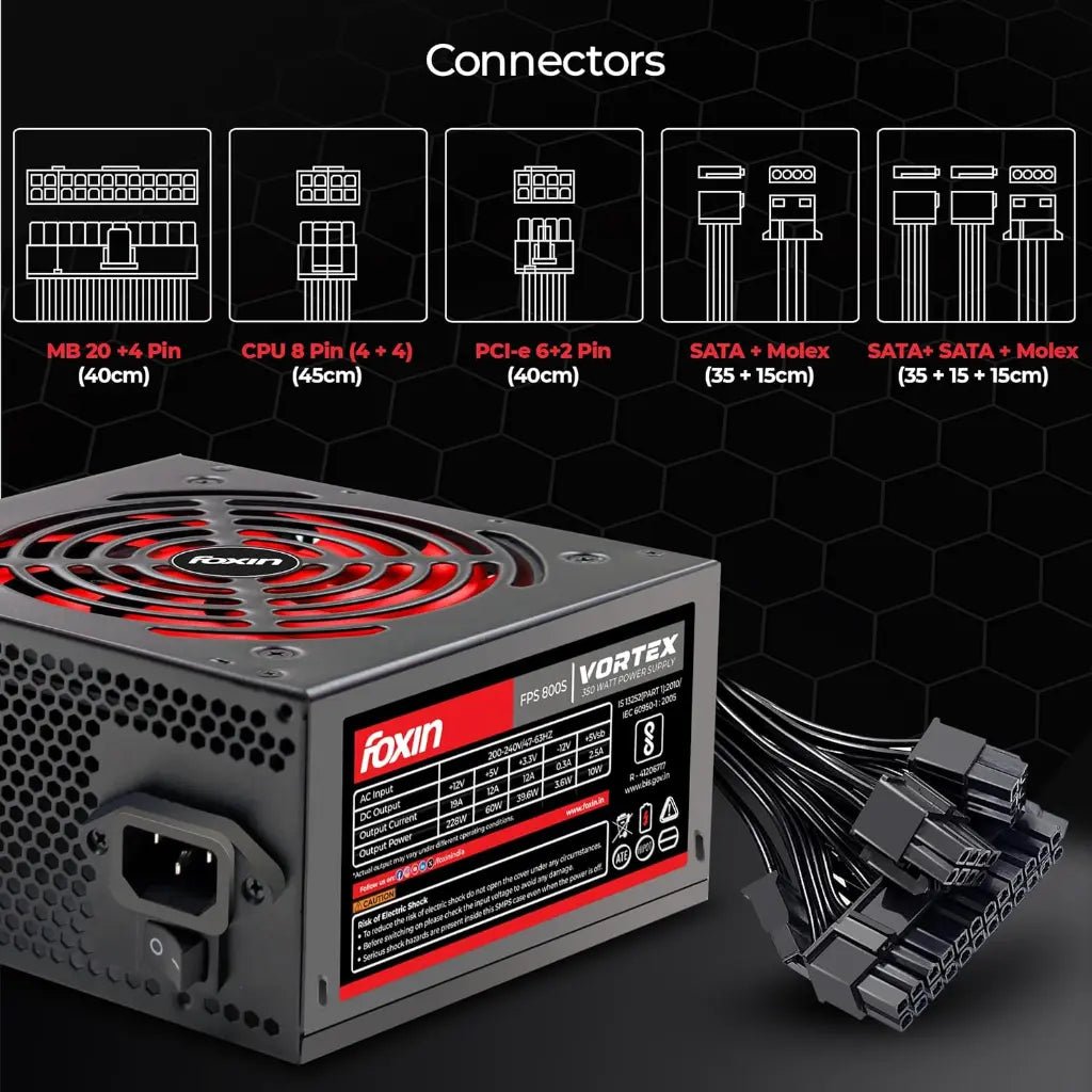 Foxin Vortex FPS-800S 350W ATX Power Supply Unit with 120mm Low-Noise Cooling Fan