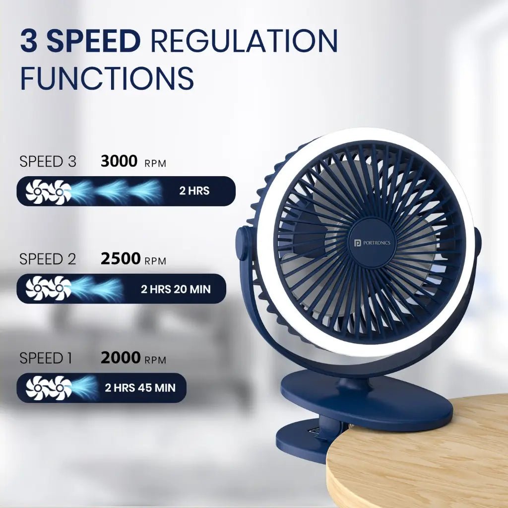 Portronics ClipCool POR 3050 Portable Rechargeable Clip-On Desk Fan with Integrated Ring LED Light