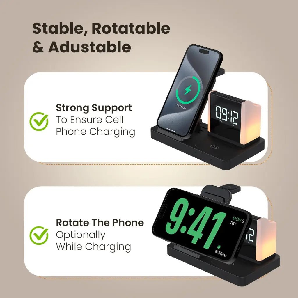 Portronics Hexacharge POR 2128 6-in-1 15W Fast Wireless Charging Station with Digital Alarm Clock and LED Display