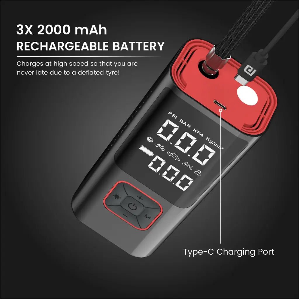 Portronics Vayu 2.0 Portable Rechargeable Tyre Inflator with 150 PSI Capacity