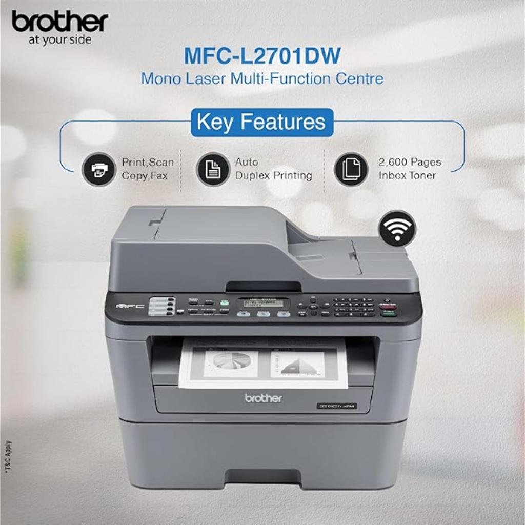 Brother MFC-L2701DW Compact Monochrome Laser Multi-Function Printer with Duplex Printing and Wireless Networking