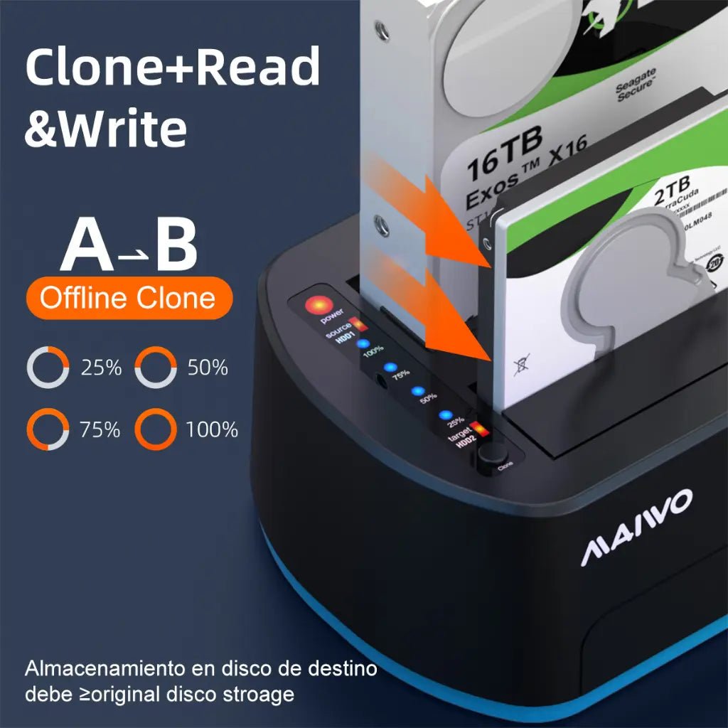 MAIWO K3062B Dual Bay USB 3.0 to SATA Hard Drive Docking Station with RGB Lighting and 32TB Capacity Support