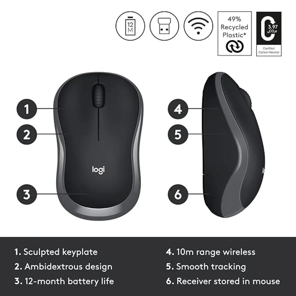 Logitech M186 2.4GHz Wireless Optical Mouse with USB Nano Receiver - Compact and Ergonomic