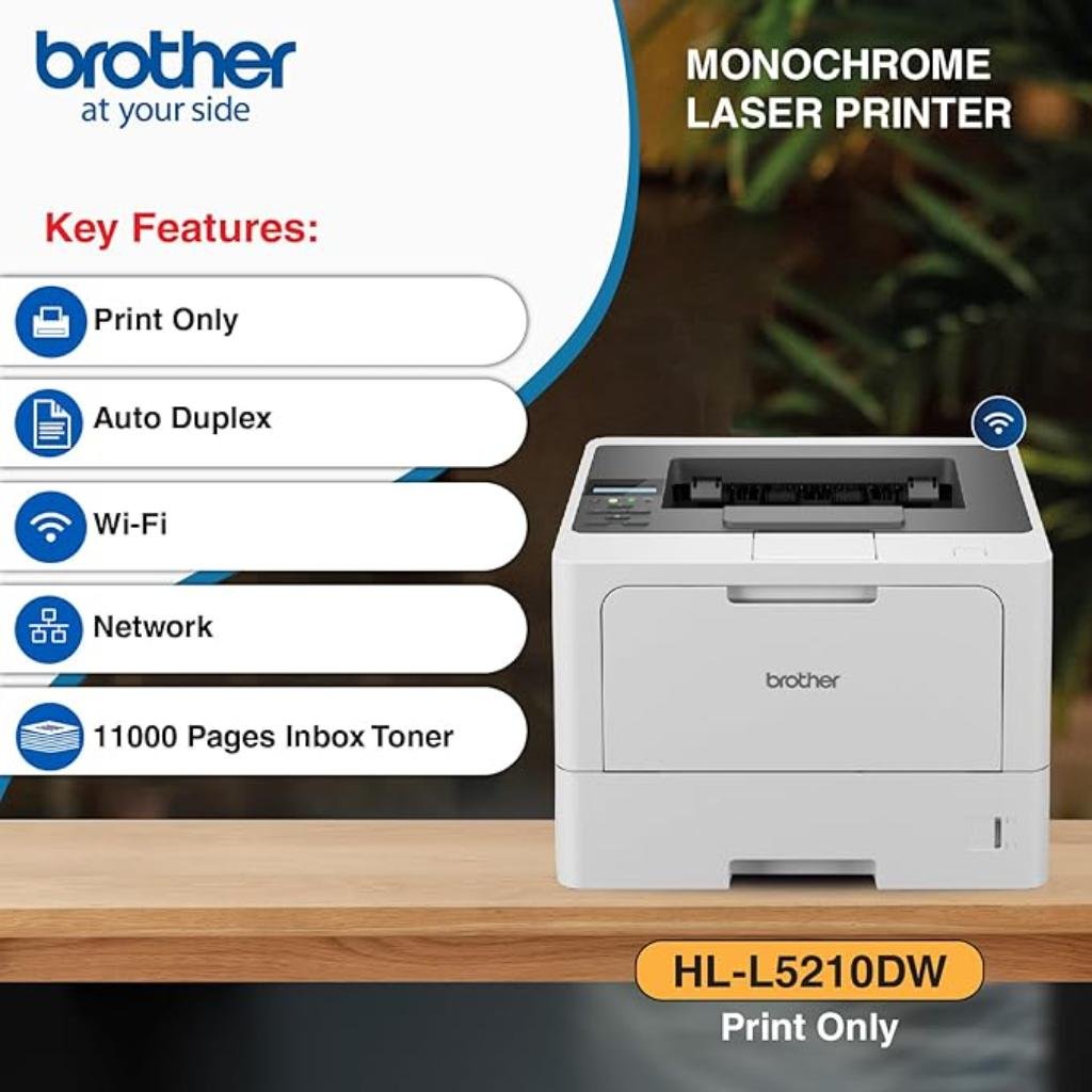 Brother HL-L5210DW Wireless Monochrome Laser Printer with Automatic Duplex Printing and High-Speed Connectivity