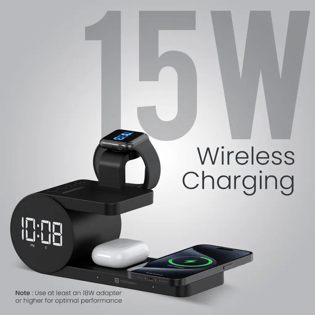 Portronics Freedom 6 POR 2130 15W 5-in-1 Fast Wireless Charging Station with Digital Alarm Clock