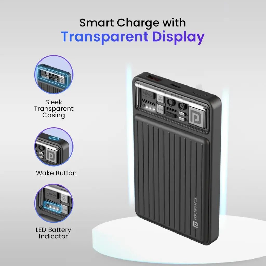 Portronics Luxcell Mini 10K 10000mAh Portable Power Bank with 22.5W Fast Charging Capability - Black