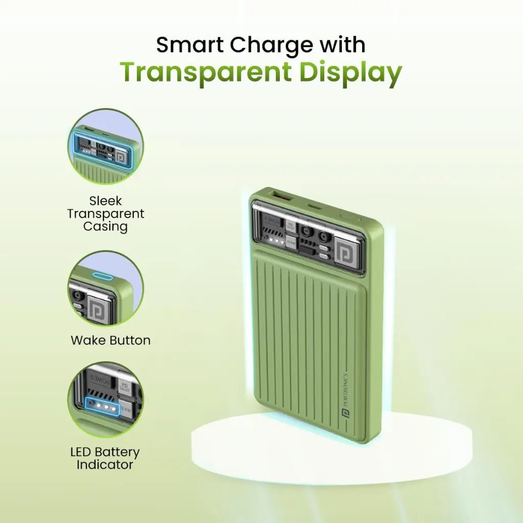 Portronics Luxcell Mini 10K 10000mAh Portable Power Bank with 22.5W Fast Charging Capability - Green
