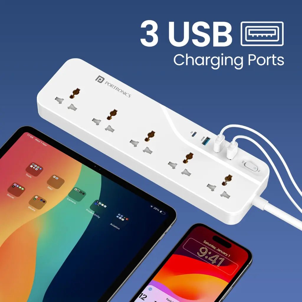 Portronics Power Plate 22 Extension Board with 20W Type-C PD Fast Charging and Multiple Sockets