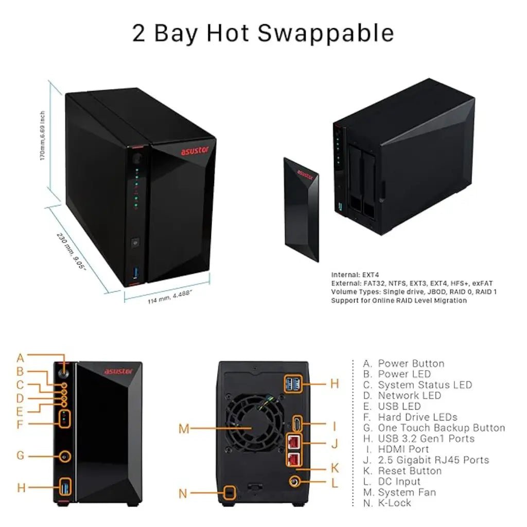 ASUSTOR AS5202T 2-Bay Network Attached Storage (NAS) with 2.5GbE Port and 4K HDMI Output (Diskless)
