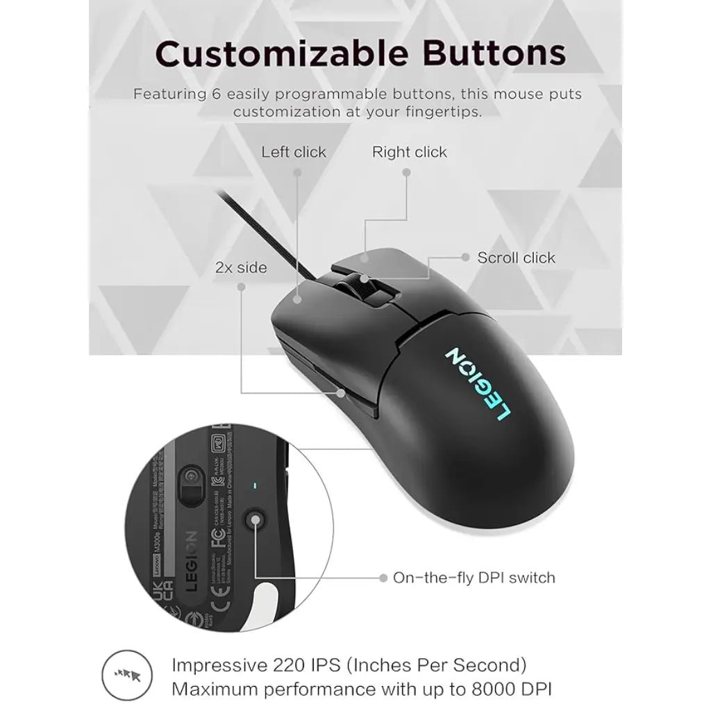 Lenovo Legion M300s Ultra-Lightweight 8000 DPI RGB Wired Gaming Mouse - Black