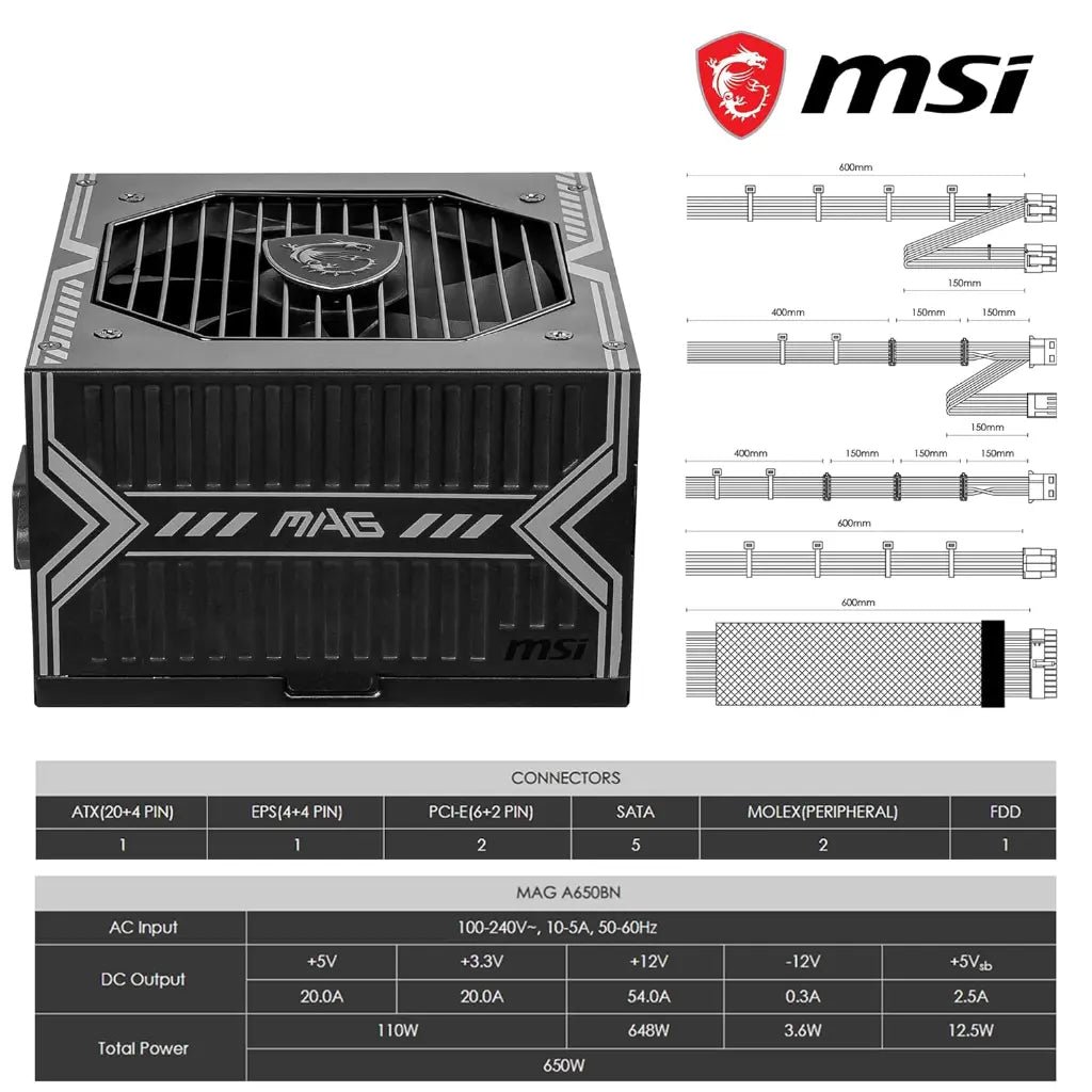 MSI MAG A650BN 650W 80 Plus Bronze Certified Non-Modular ATX Power Supply