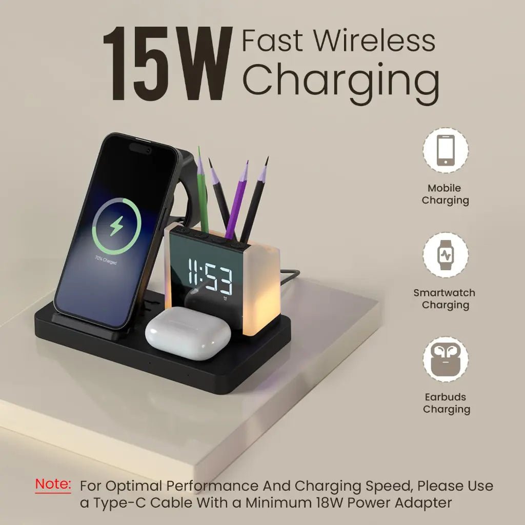 Portronics Hexacharge POR 2128 6-in-1 15W Fast Wireless Charging Station with Digital Alarm Clock and LED Display