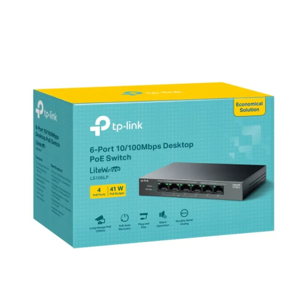 TP-Link LS106LP 6-Port 10/100Mbps Desktop Switch with 4 PoE+ Ports and 41W PoE Budget