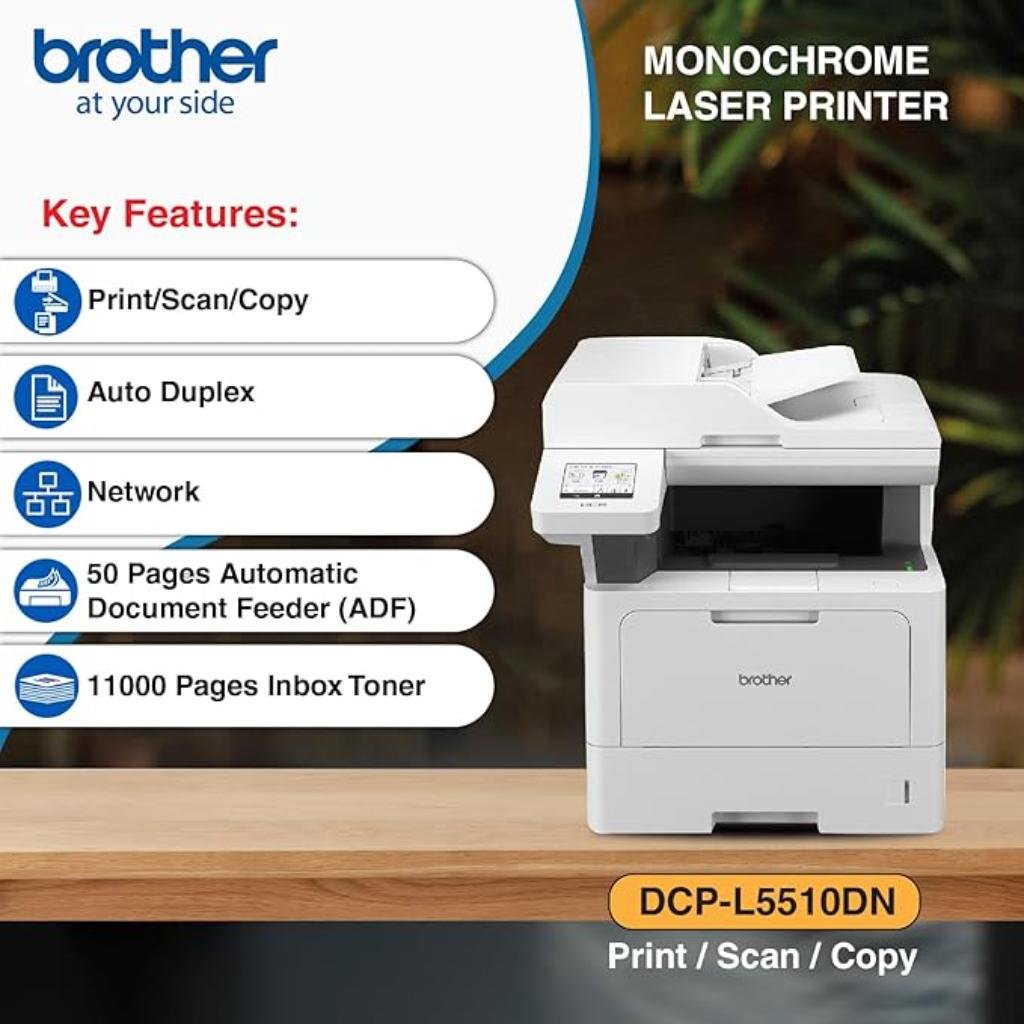Brother DCP-L5510DN Monochrome Laser Multi-Function Duplex Printer with High-Speed Printing and Network Connectivity