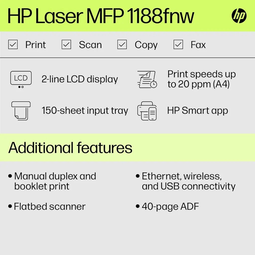 HP LaserJet Pro 1188fnw Wireless All-in-One Monochrome Laser Printer with Automatic Document Feeder