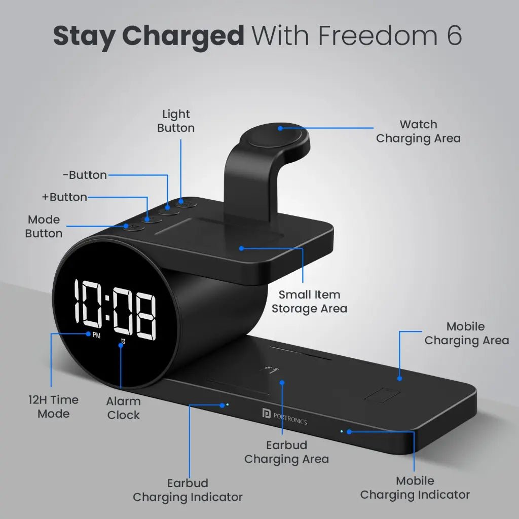 Portronics Freedom 6 POR 2130 15W 5-in-1 Fast Wireless Charging Station with Digital Alarm Clock