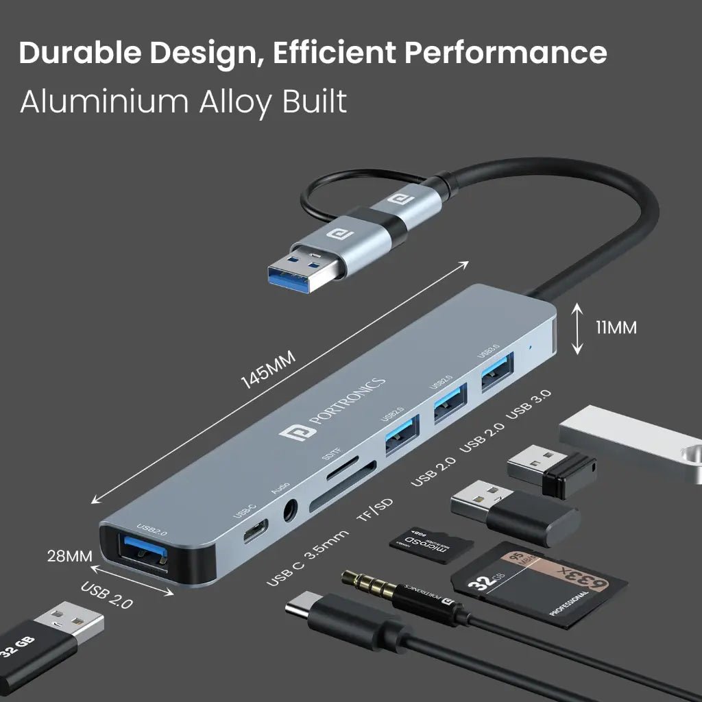 Portronics Mport 8 Plus (POR 3044) 8-in-1 Dual USB Hub with USB 3.0 Connectivity