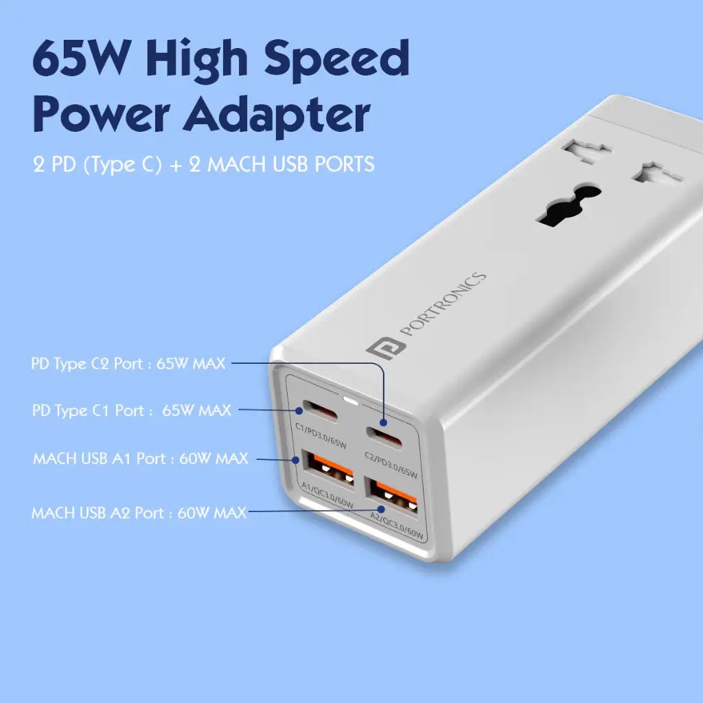 Portronics Adapto Volt 65W 5-in-1 Universal Fast Power Adapter with Multi-Port Charging