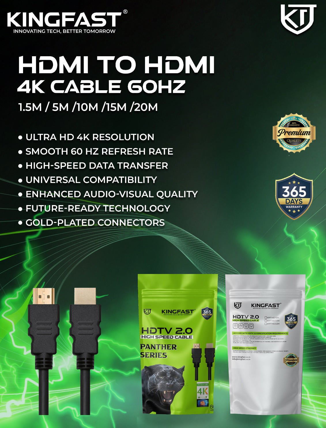 Kingfast 10 Meter 4K UHD 60Hz High-Speed HDMI Cable with Gold-Plated Connectors