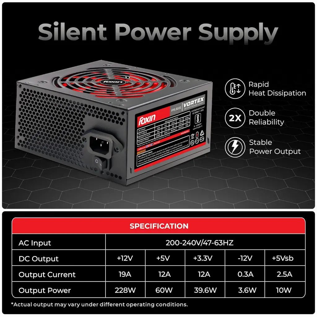 Foxin Vortex FPS-800S 350W ATX Power Supply Unit with 120mm Low-Noise Cooling Fan