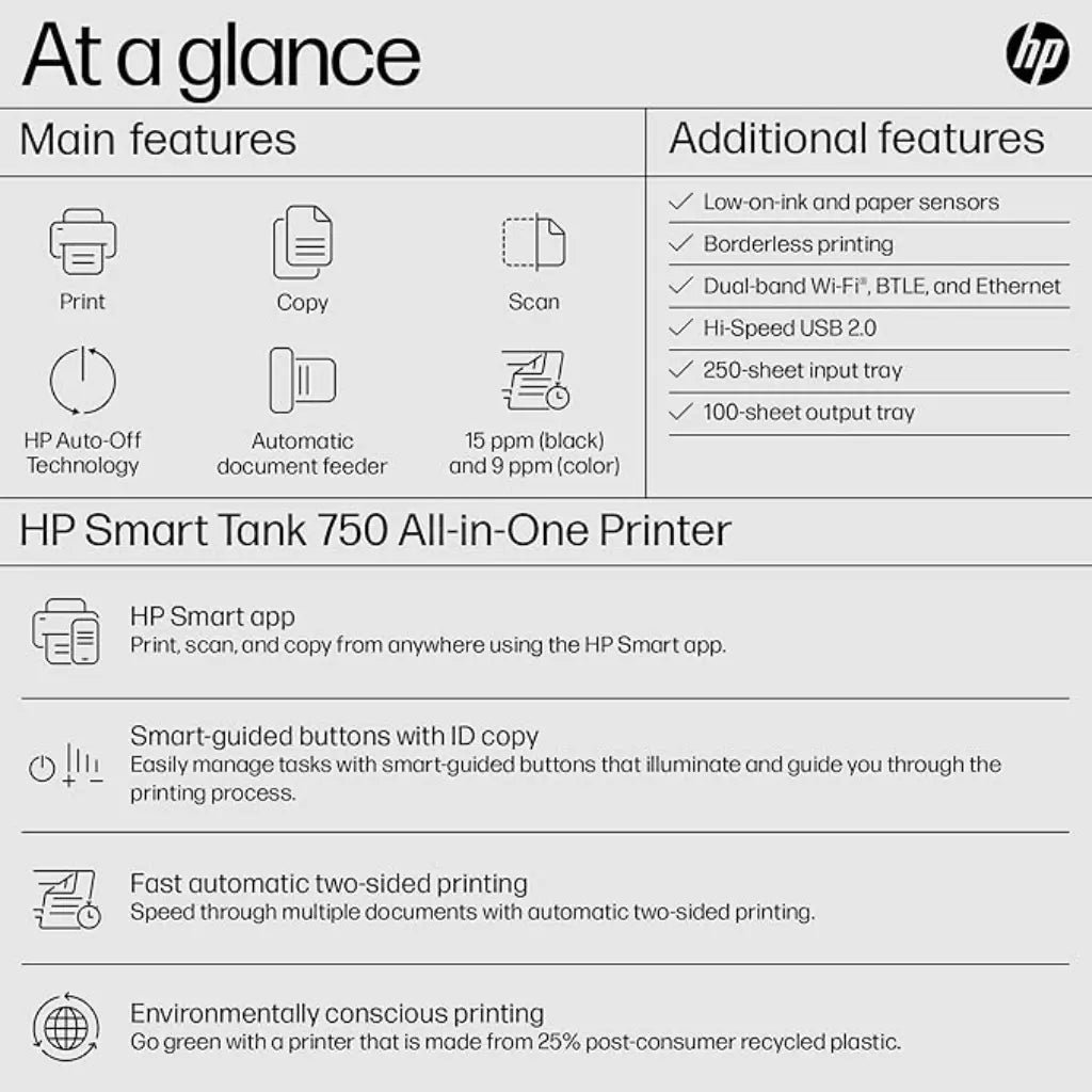 HP Smart Tank 750 Wireless All-in-One Ink Tank Printer with Automatic Duplex Printing and ADF