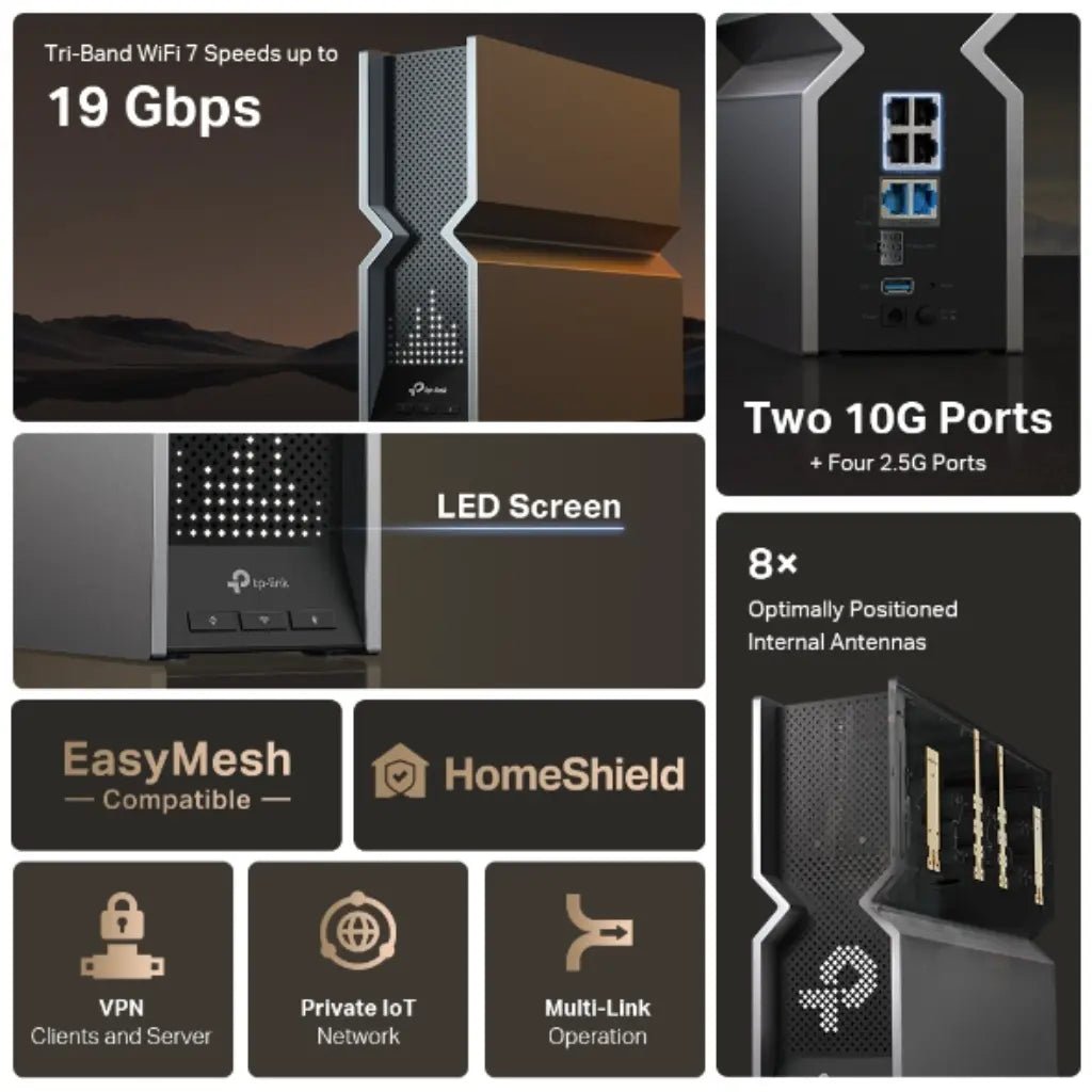TP-Link Archer BE800 BE19000 Tri-Band Wi-Fi 7 Router with 19Gbps Speeds and Dual 10G Ports