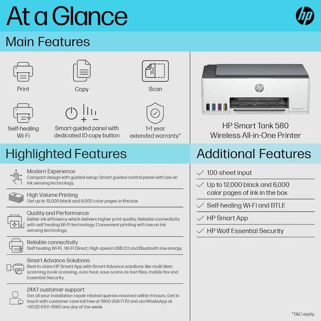 HP Smart Tank 580 Wireless All-in-One Ink Tank Printer with Mobile Printing and High-Capacity Ink System