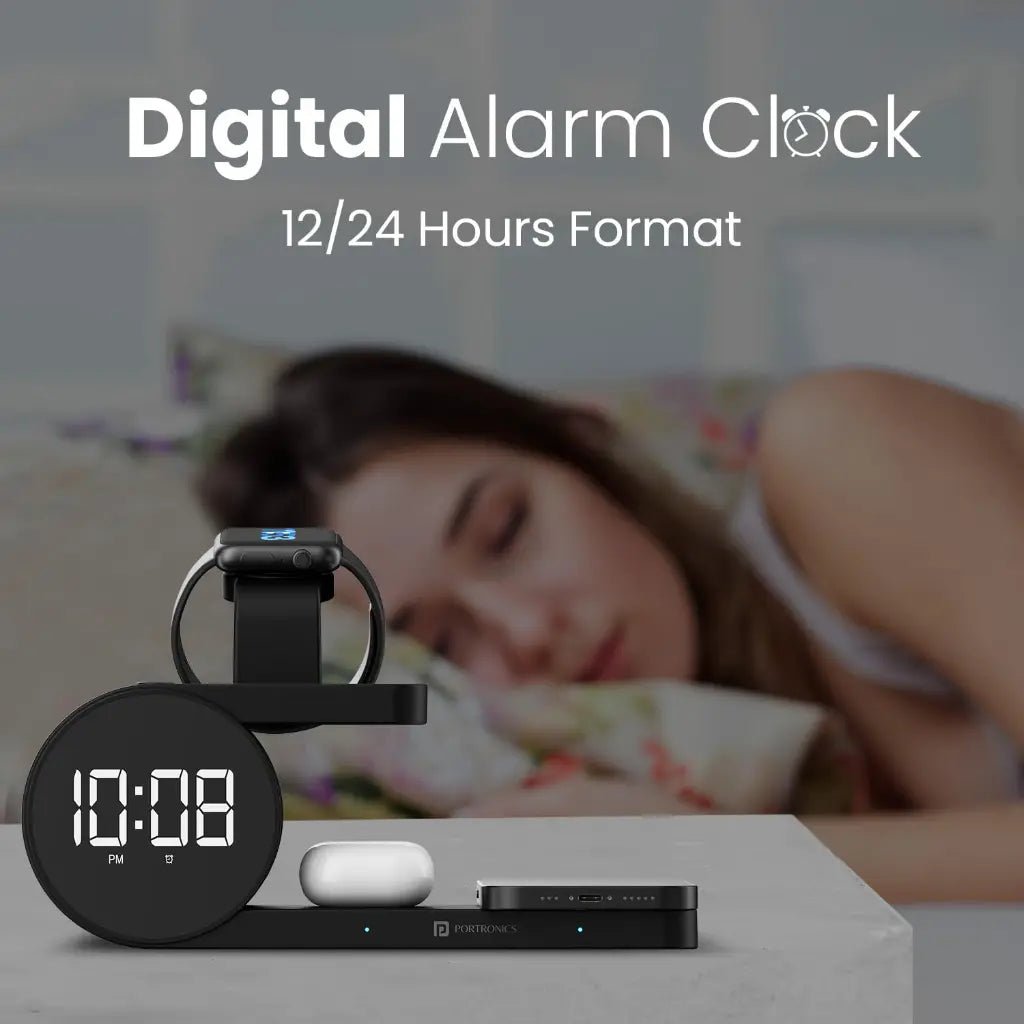 Portronics Freedom 6 POR 2130 15W 5-in-1 Fast Wireless Charging Station with Digital Alarm Clock