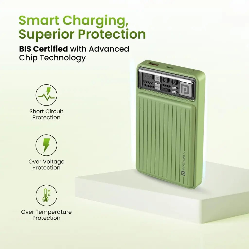Portronics Luxcell Mini 10K 10000mAh Portable Power Bank with 22.5W Fast Charging Capability - Green