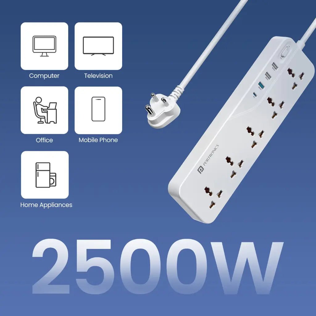 Portronics Power Plate 22 Extension Board with 20W Type-C PD Fast Charging and Multiple Sockets