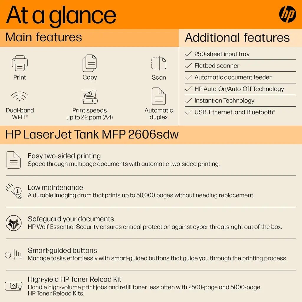 HP LaserJet Tank MFP 2606SDW Wireless Monochrome Laser Multifunction Printer with ADF and Automatic Duplex Printing
